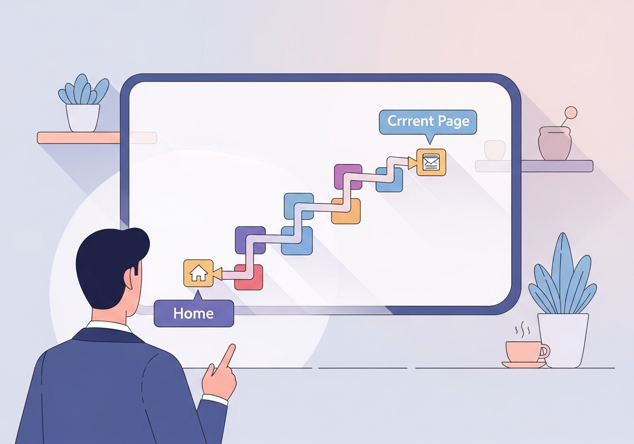 Digital illustration showing how breadcrumbs in SEO create a clear navigation path for users.