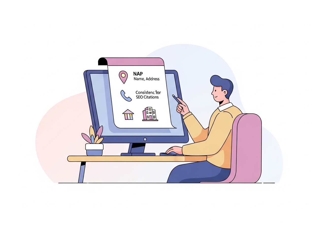 A digital illustration showing a marketer managing SEO citations by checking for NAP consistency on a computer.
