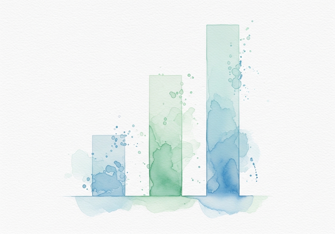 Watercolor illustration of ascending bar charts, representing the process of evaluating SEO tools ranking.