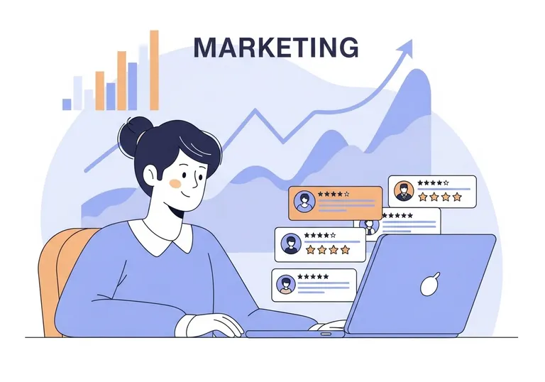 Illustration of a marketing professional reviewing positive customer testimonial examples on a laptop.