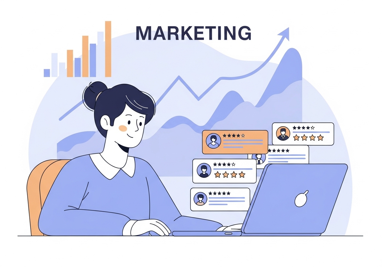 Illustration of a marketing professional reviewing positive customer testimonial examples on a laptop.