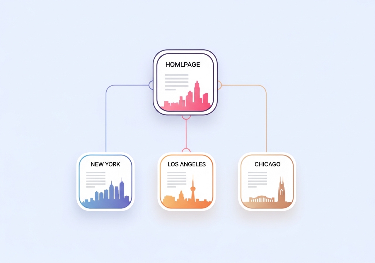 Diagram showing unique, optimized location pages branching from a central website homepage for better SEO.