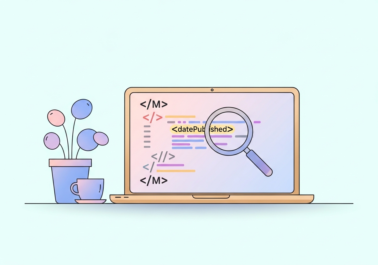 An illustration showing highlighted source code on a computer screen to find a publication date.