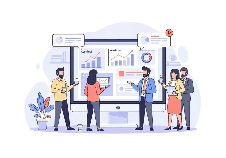 A digital illustration showing a sales team analyzing a dashboard with growth metrics, representing the concept of SaaS sales.