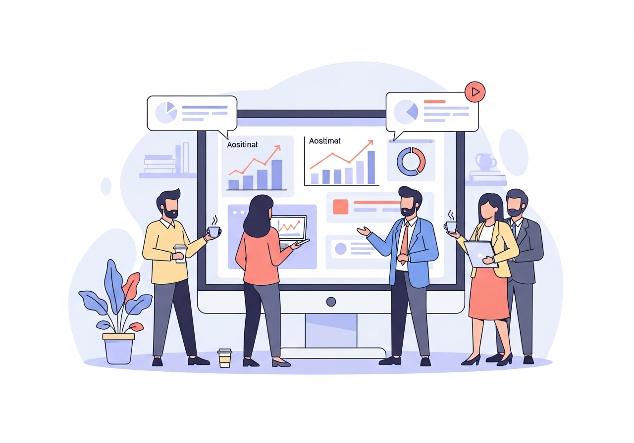 A digital illustration showing a sales team analyzing a dashboard with growth metrics, representing the concept of SaaS sales.