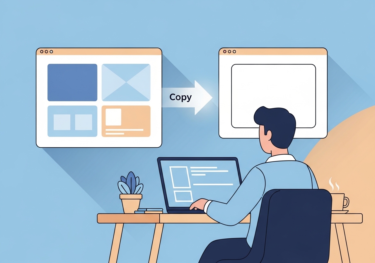 Illustration of a person creating a WordPress duplicate page on a laptop to streamline their workflow.