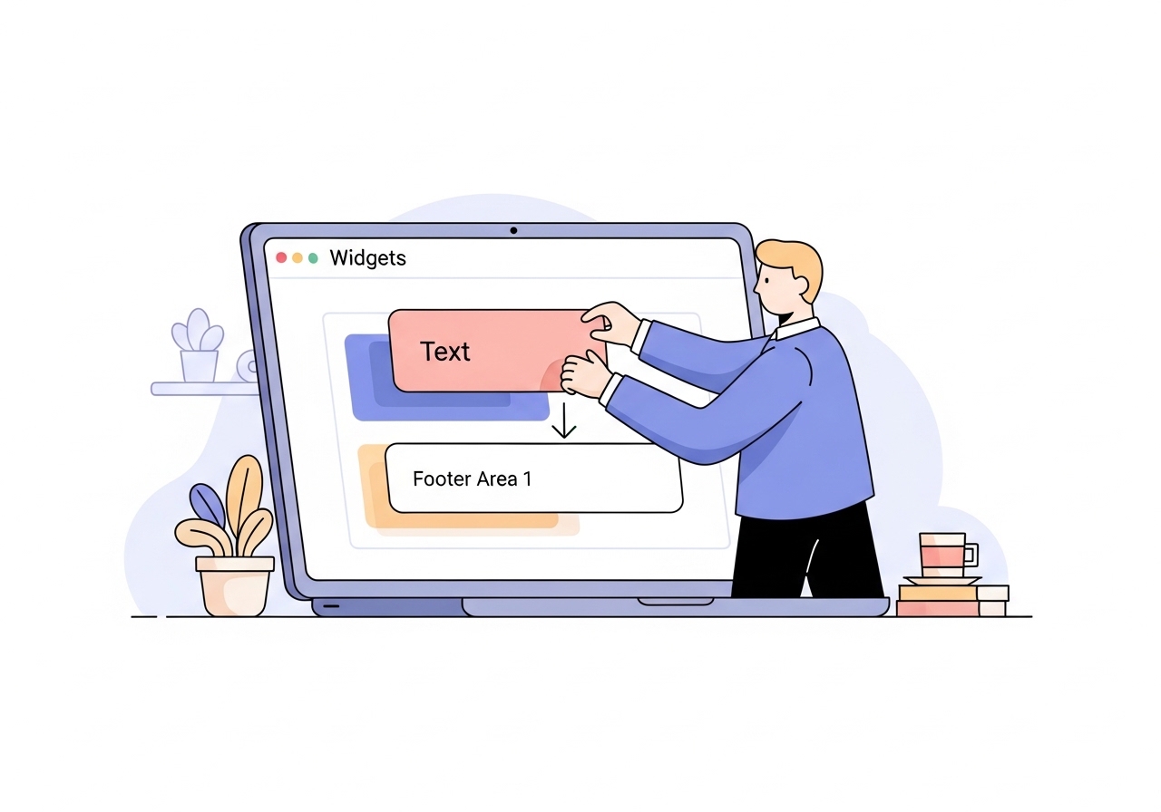 A person adding a text widget to a footer area in the WordPress dashboard.