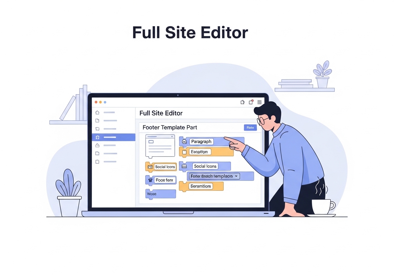 Editing a WordPress website's footer using the Full Site Editor and blocks.