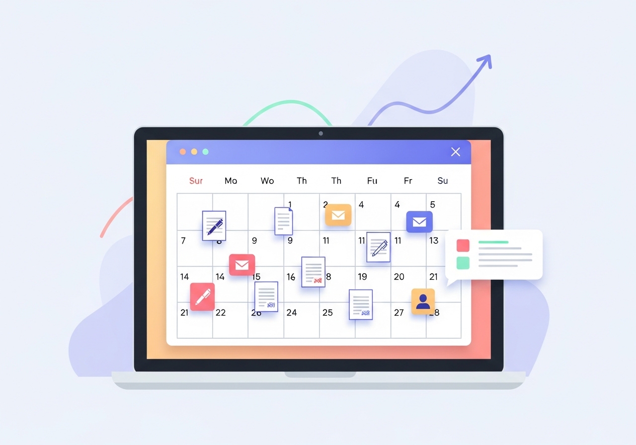 Illustration of an automated content calendar showing the benefits of using AI for consistent publishing.