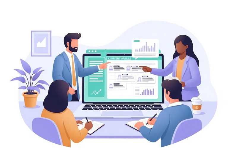 A team of marketing professionals using AI for content creation, gathered around a laptop showing a content calendar.