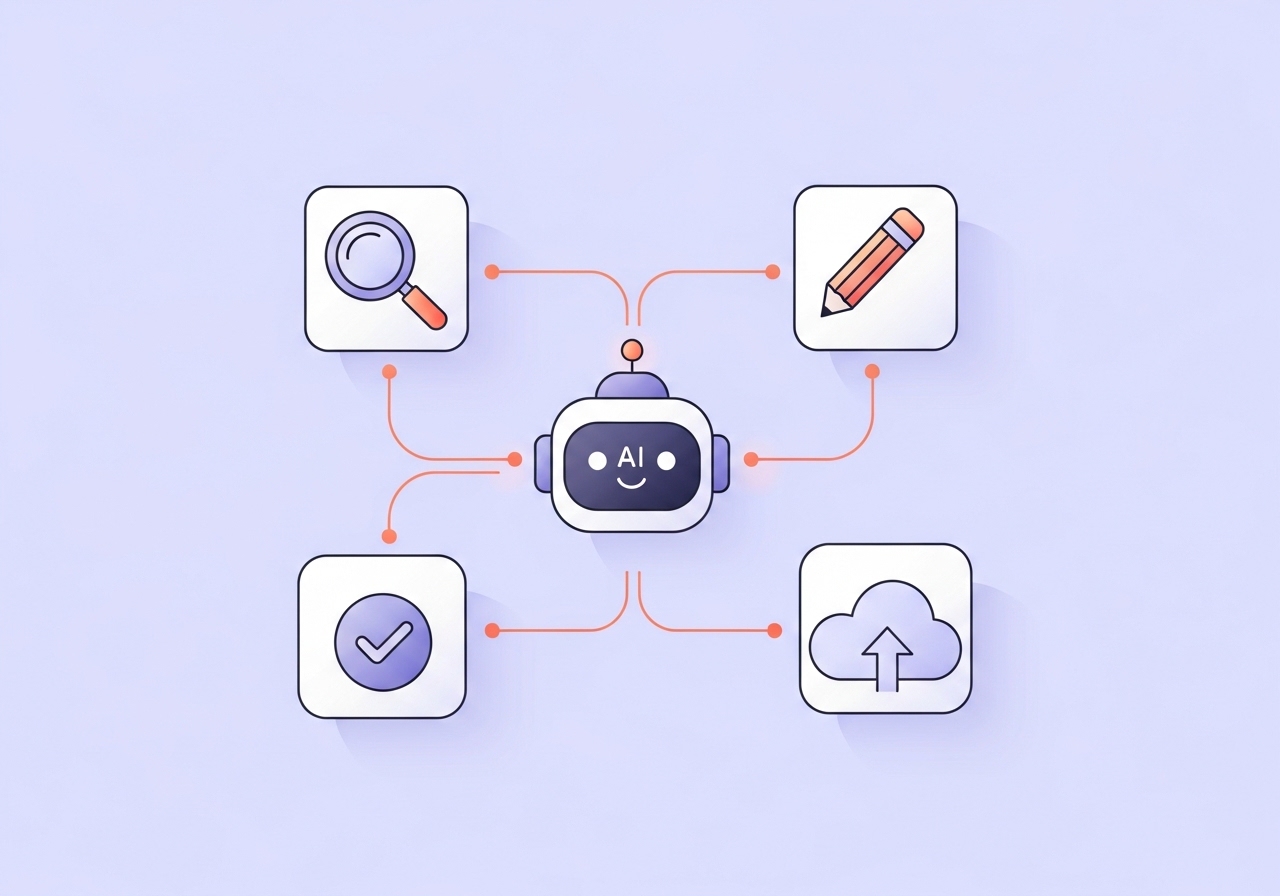 A diagram showing a practical framework for an AI-integrated content workflow, from research to publishing.