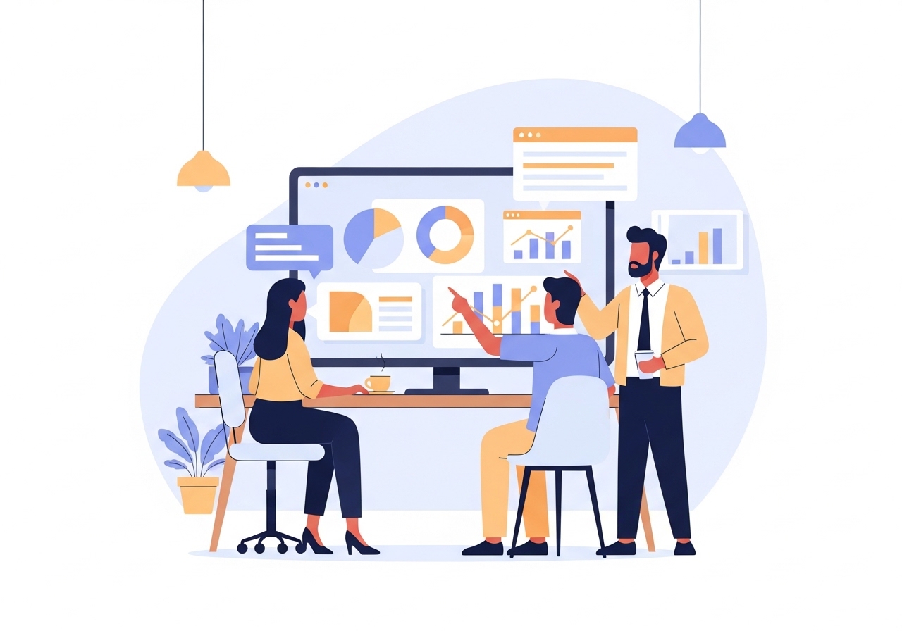 A marketing team using AI marketing tools on a large screen to analyze data, demonstrating collaboration and efficiency.