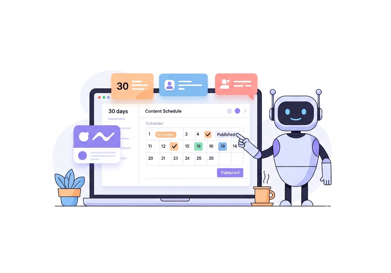 An illustration of the Ascend AI dashboard automating a content calendar for SEO blog posts.