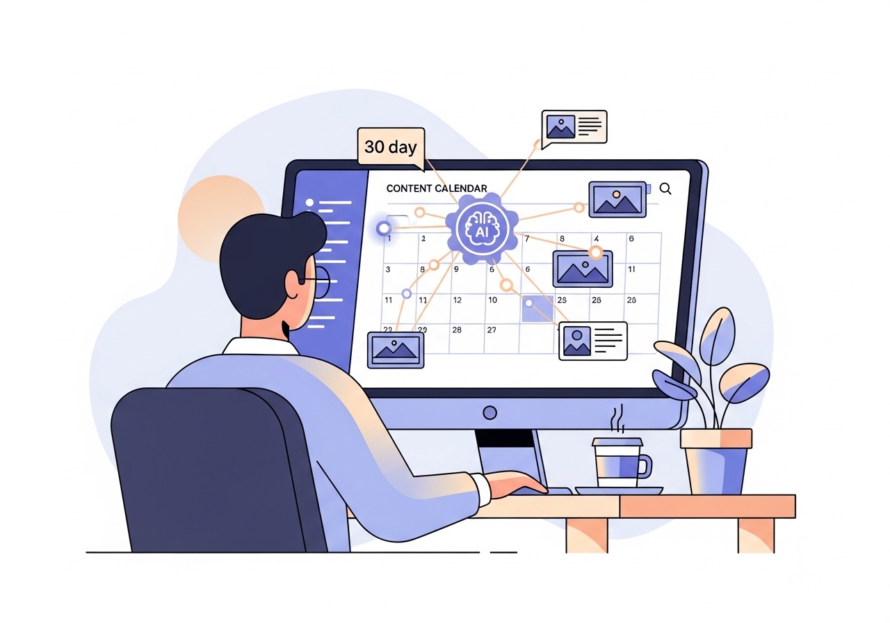 An illustration showing a content calendar being automated by AI, demonstrating the process of how to automate content creation.