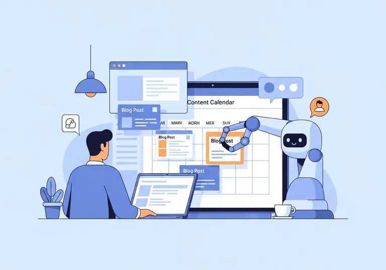 An illustration showing a person using a laptop with an automated content marketing calendar, representing efficiency and planning.