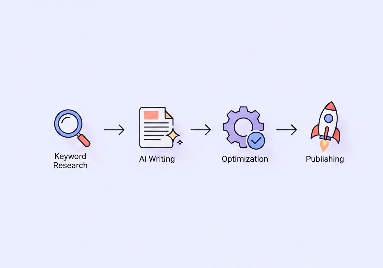 A flowchart showing the process of automated content marketing, from keyword research to publishing.