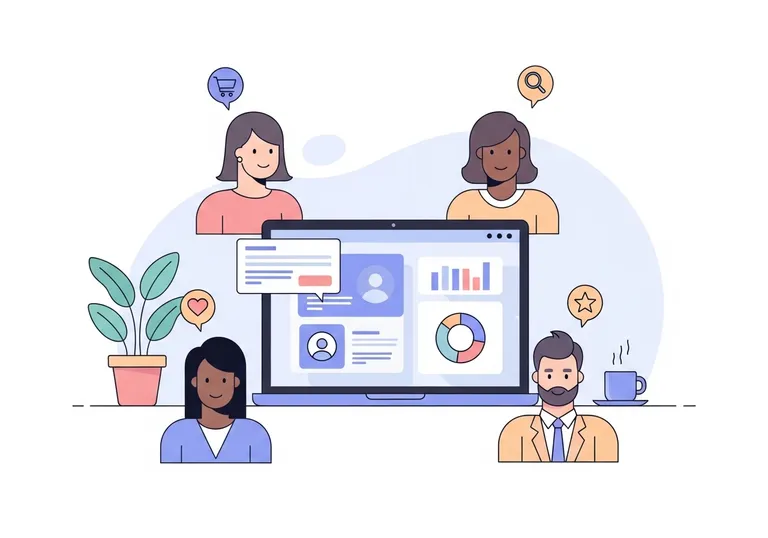 An illustration of behavioral segmentation marketing showing stylized characters representing different customer groups interacting with a central dashboard.