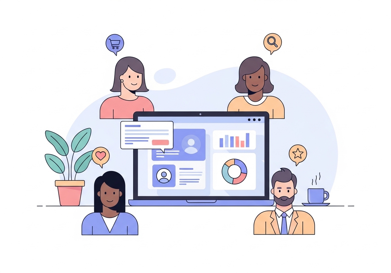 An illustration of behavioral segmentation marketing showing stylized characters representing different customer groups interacting with a central dashboard.