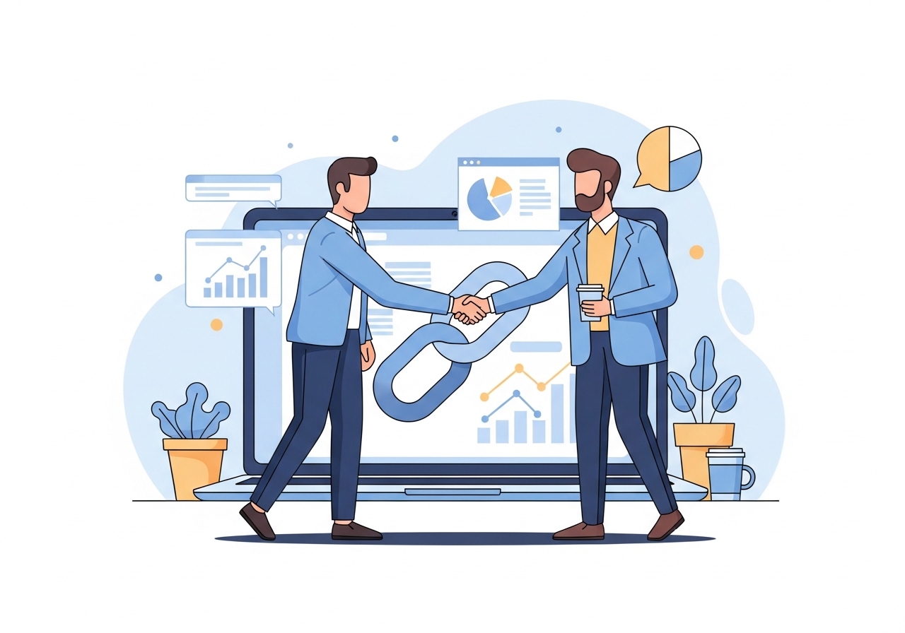 An illustration representing strategic affiliate marketing for a blog, with two professionals forming a partnership.