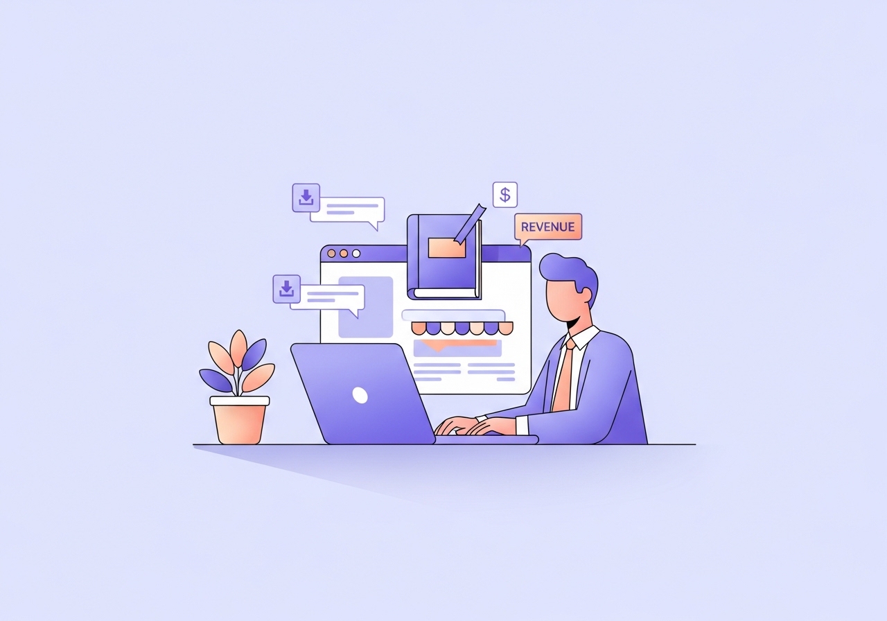 A stylized character creating and selling a digital product from their blog on a laptop.