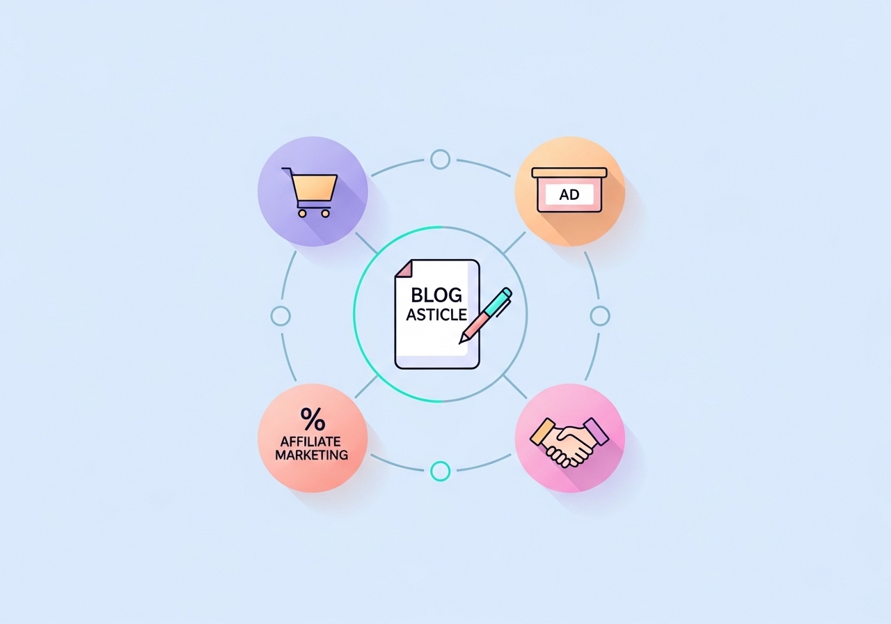 Diagram showing the key blog monetization models: products, affiliate marketing, ads, and sponsored posts.