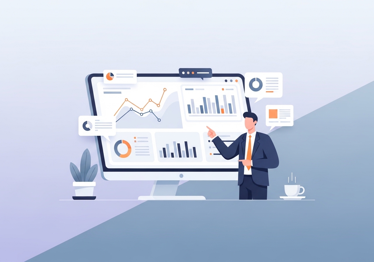 An illustration of a person analyzing a performance dashboard to optimize blog revenue streams.