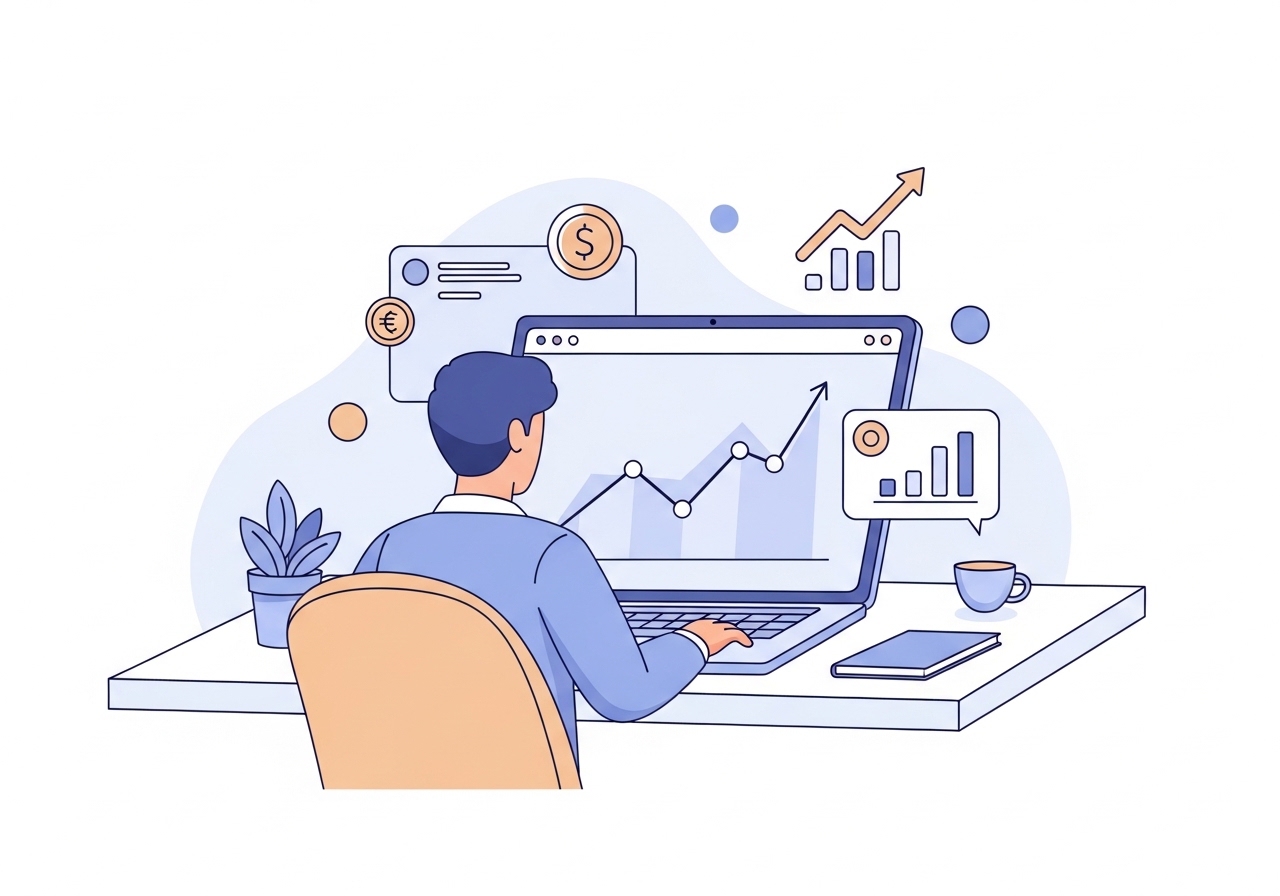 An illustration showing a professional using a laptop with a growth chart, symbolizing the process of blogging for money.