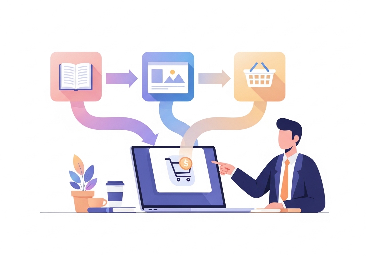 Diagram showing how a professional blog post can drive SaaS subscriptions and product sales.