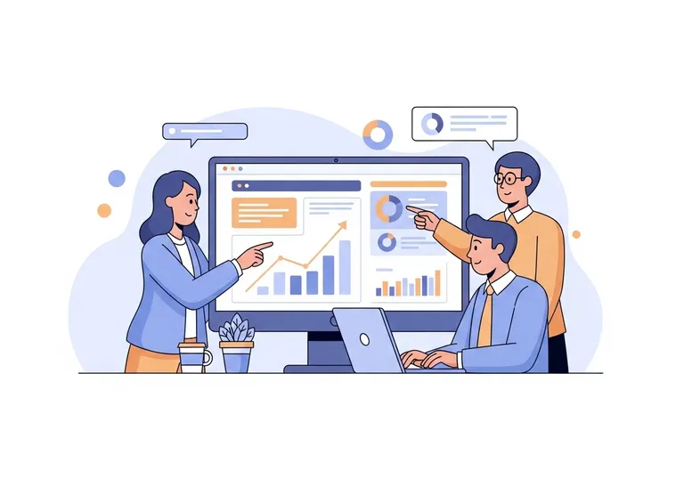 An illustration of a team reviewing charts that show positive growth, representing the concept of business improvement techniques.