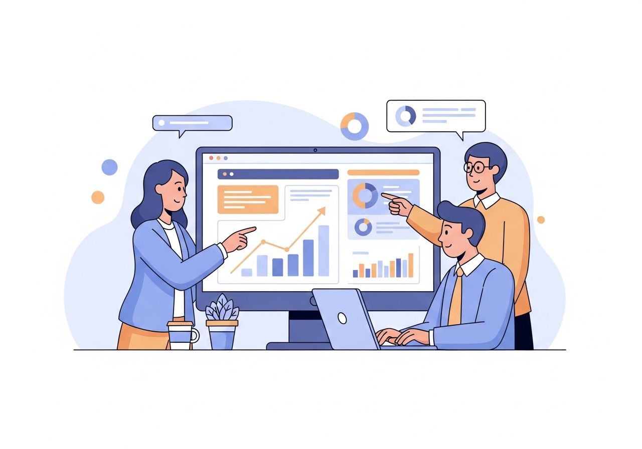 An illustration of a team reviewing charts that show positive growth, representing the concept of business improvement techniques.