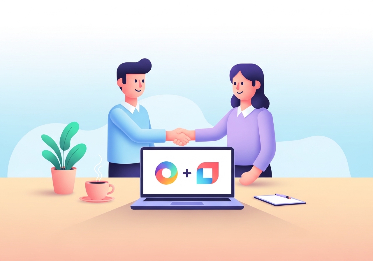 An illustration of two professionals collaborating on a strategy, representing successful co branding examples.