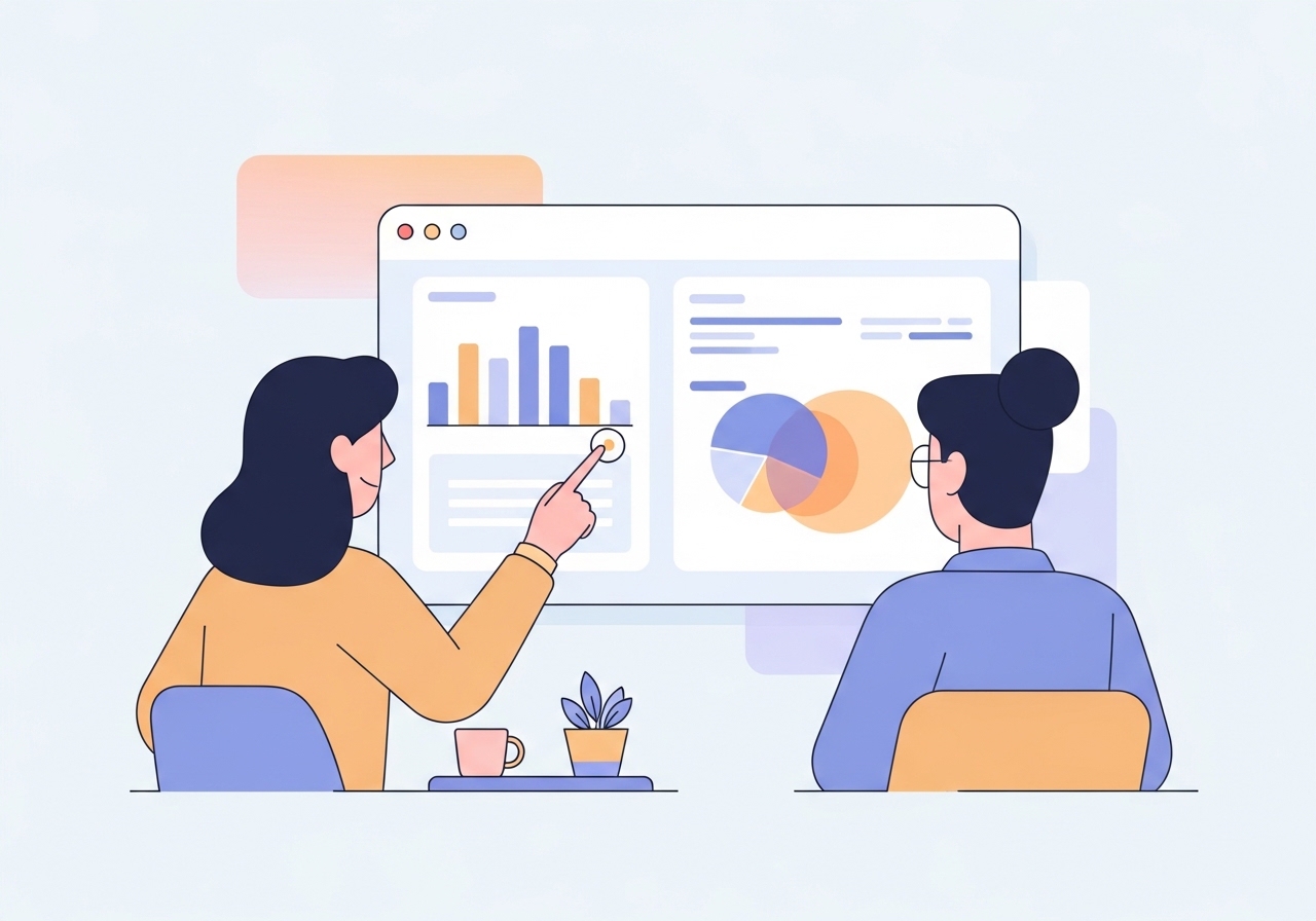 Illustration of a team conducting competitor keyword analysis on a large dashboard.