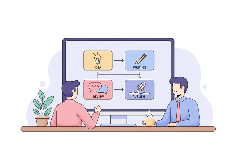 A digital illustration showing a streamlined content creation workflow with icons for each stage, representing an efficient process.