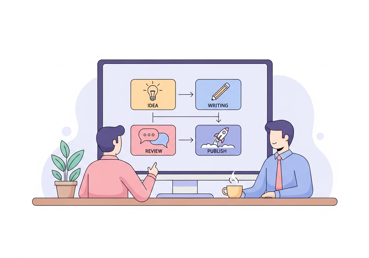 A digital illustration showing a streamlined content creation workflow with icons for each stage, representing an efficient process.
