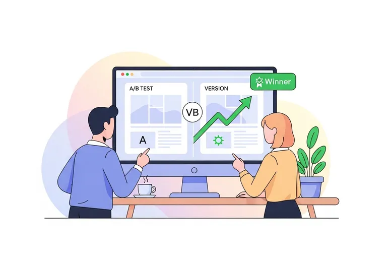 Illustration of a team from a conversion rate optimization agency analyzing A/B test results on a large monitor.