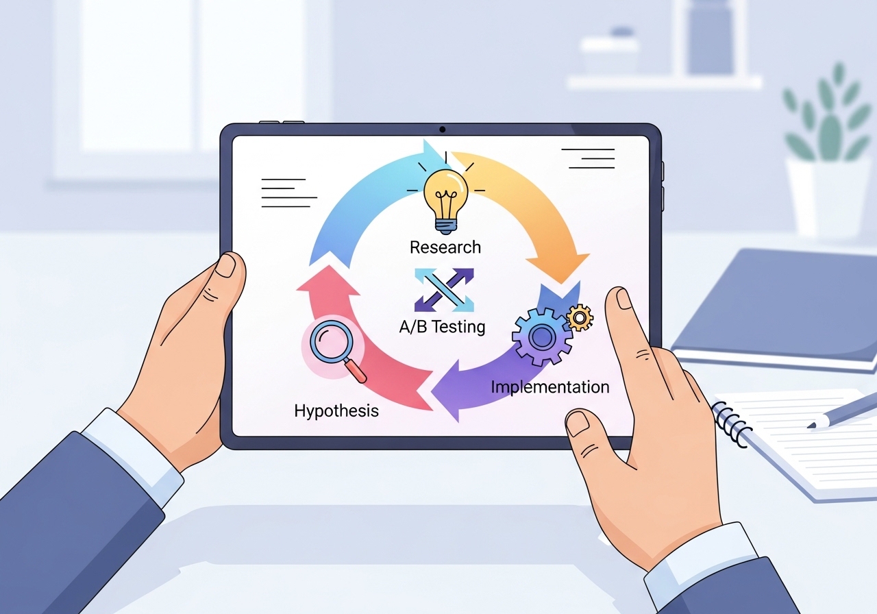 Diagram showing the data-driven process a conversion rate optimization agency uses, including research, hypothesis, testing, and implementation.