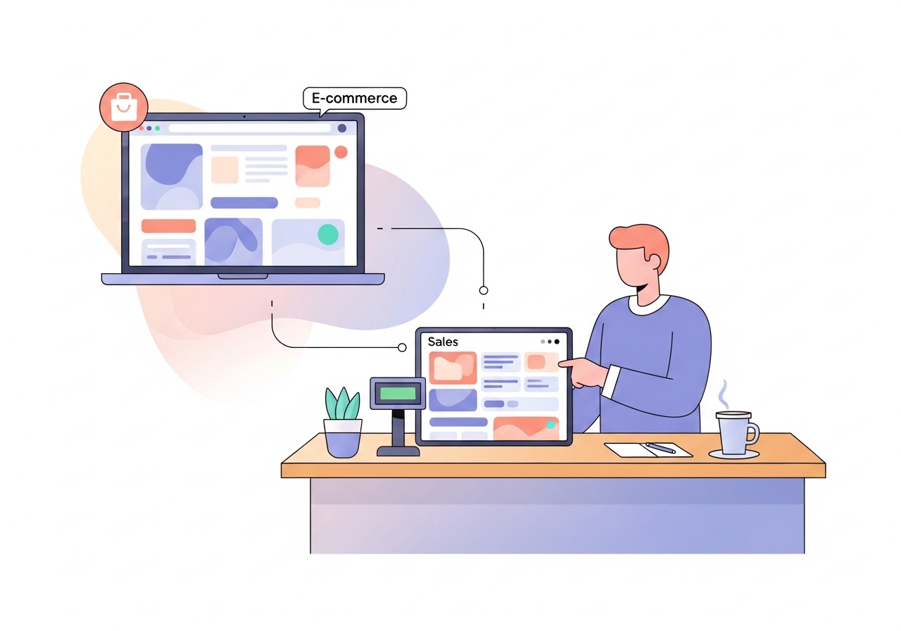 A vector illustration of connected e-commerce and point-of-sale systems, demonstrating a brand extension into retail hardware.