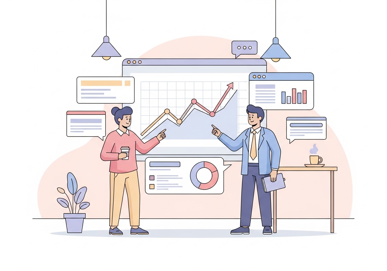 An illustration of marketing professionals analyzing influencer market data and forecasts from eMarketer.