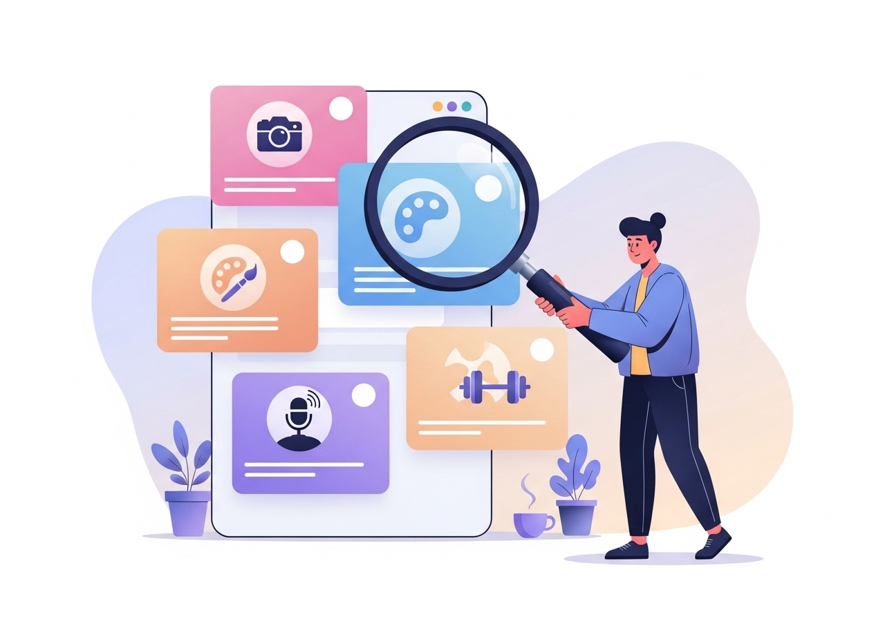 Illustration of a marketer researching and selecting Instagram influencers for a campaign.