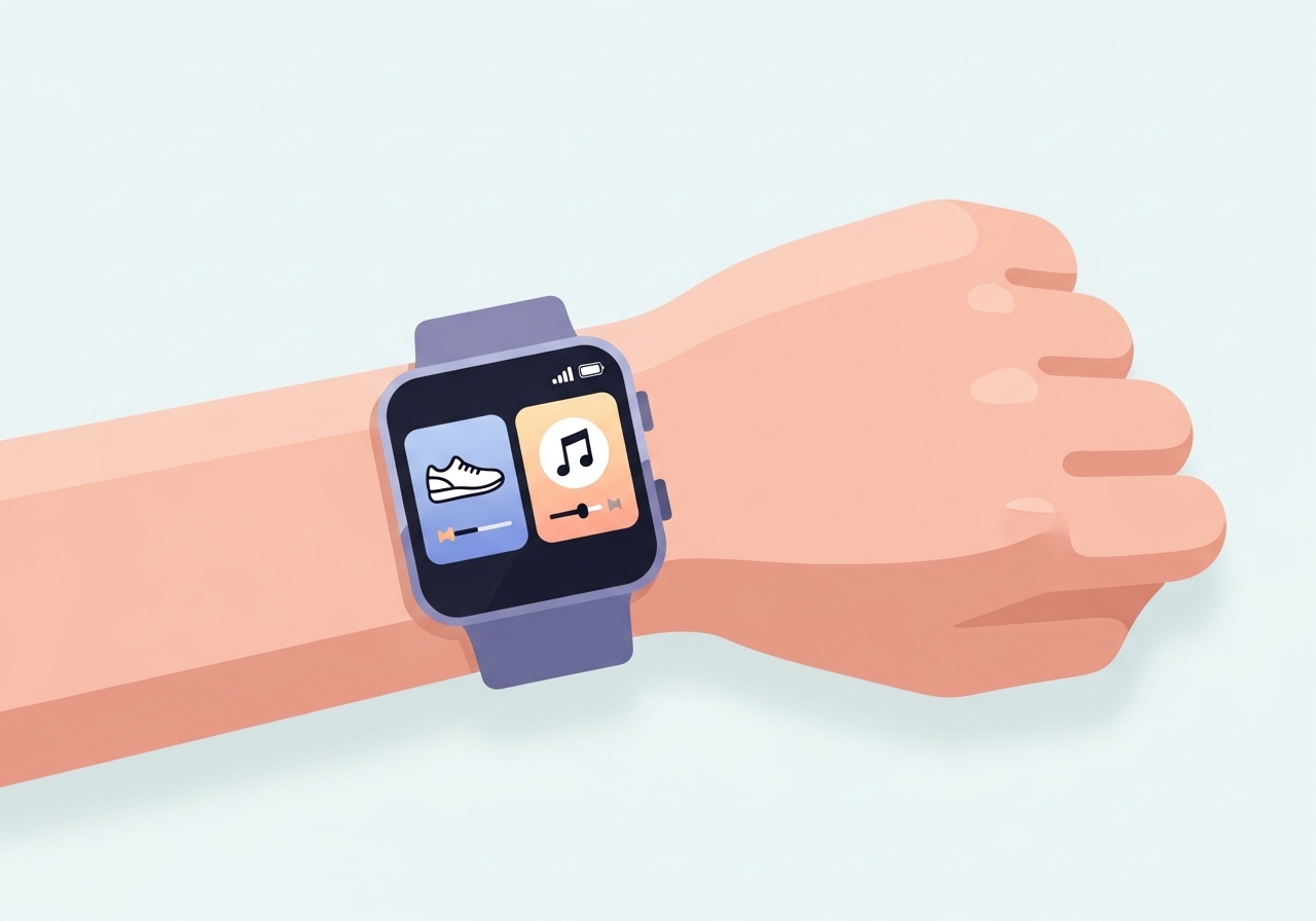 Vector illustration of a smartwatch displaying fitness and music apps, showing the Nike and Apple co-branding example.