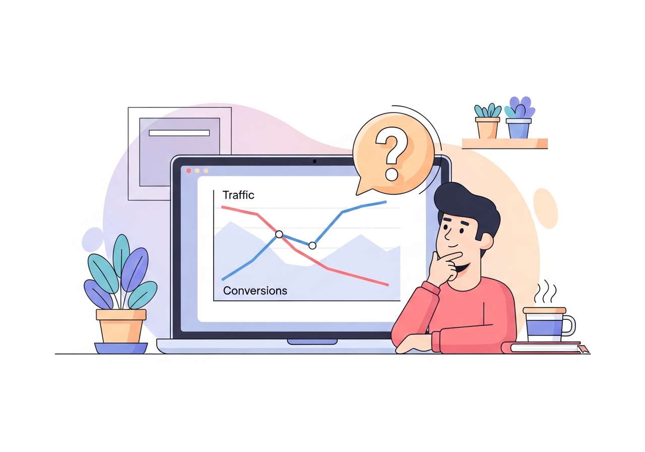 Illustration of a graph showing high traffic but low conversions, indicating a need to hire a CRO agency.