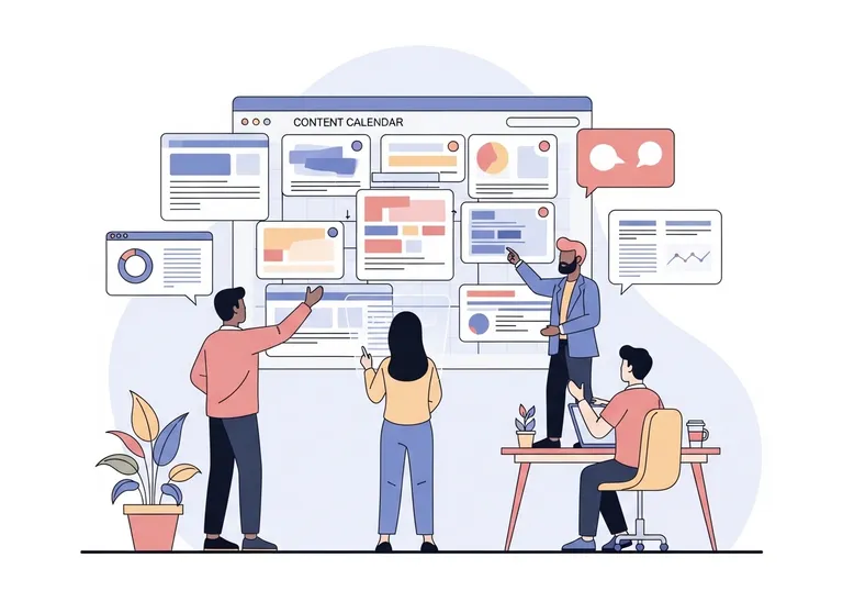 Illustration of a marketing team planning on a large digital content calendar.