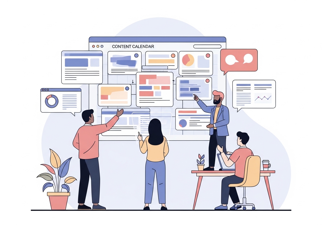 Illustration of a marketing team planning on a large digital content calendar.