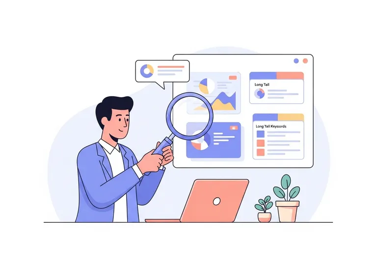 A digital illustration showing a marketer analyzing data to find niche keywords for an SEO strategy.