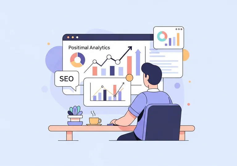 A digital illustration showing a marketer analyzing a dashboard with upward-trending charts, representing how to improve SEO.