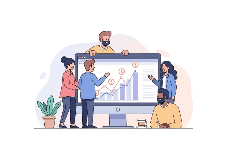 Illustration of a marketing team analyzing a chart showing how to make money blogging.