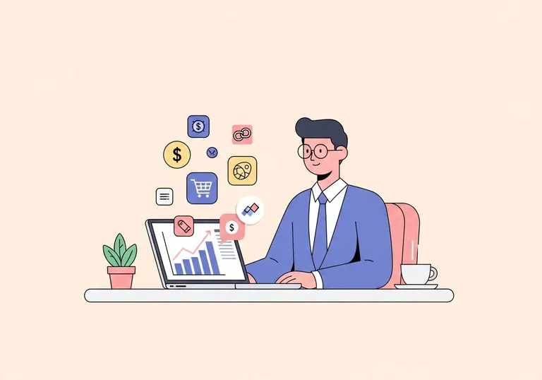 An illustration showing a person monetizing their blog through various income streams represented by icons.
