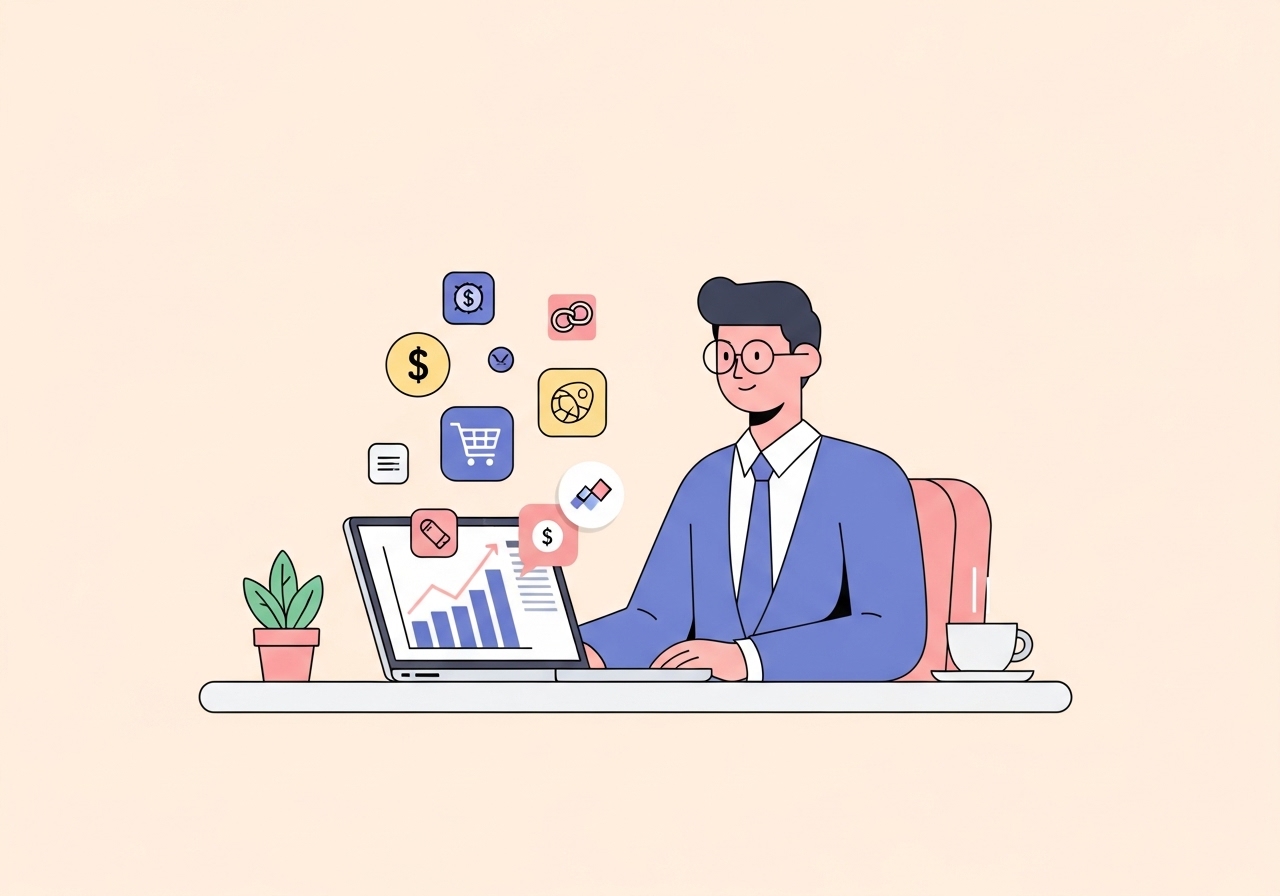 An illustration showing a person monetizing their blog through various income streams represented by icons.