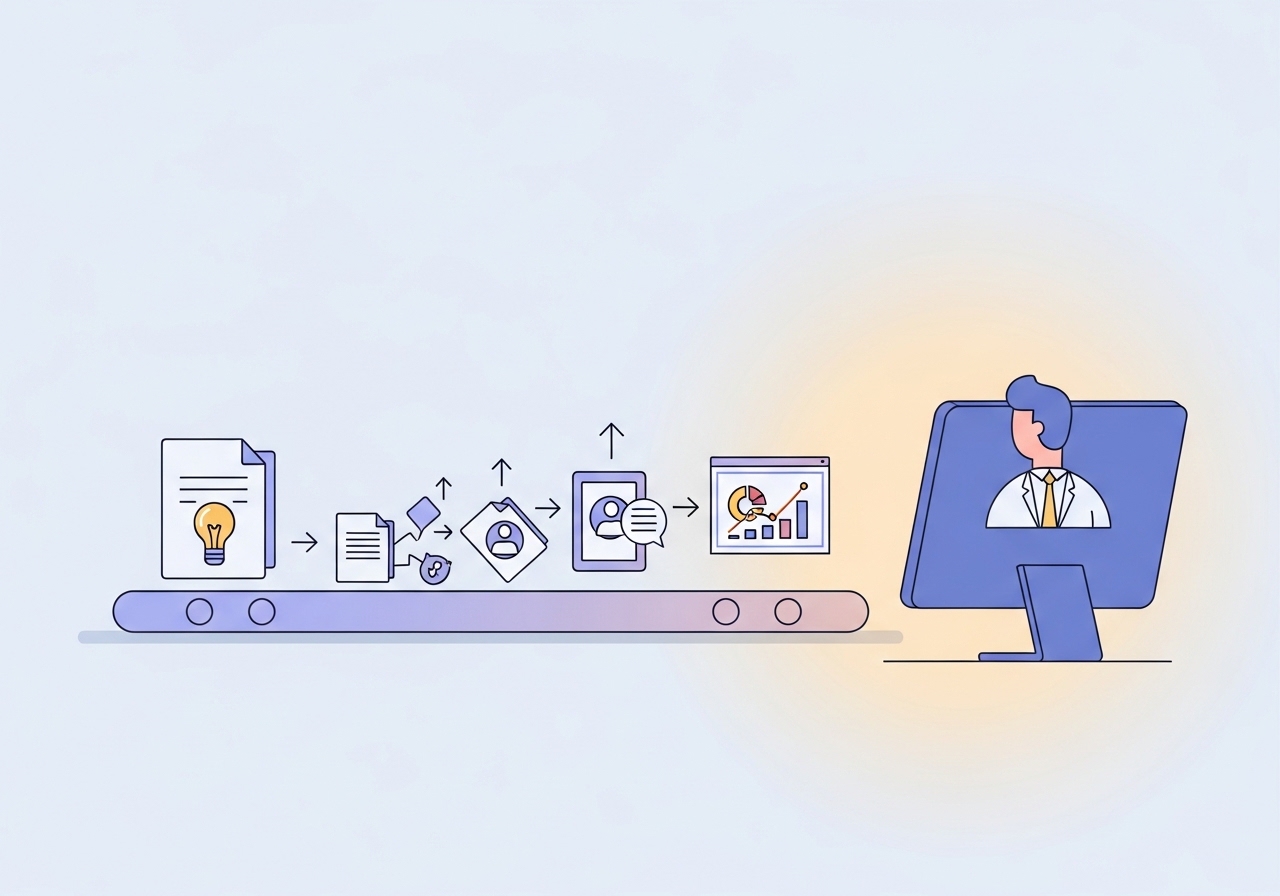 An illustration of a content marketing system, showing how one idea is scaled into multiple pieces of content to achieve growth.