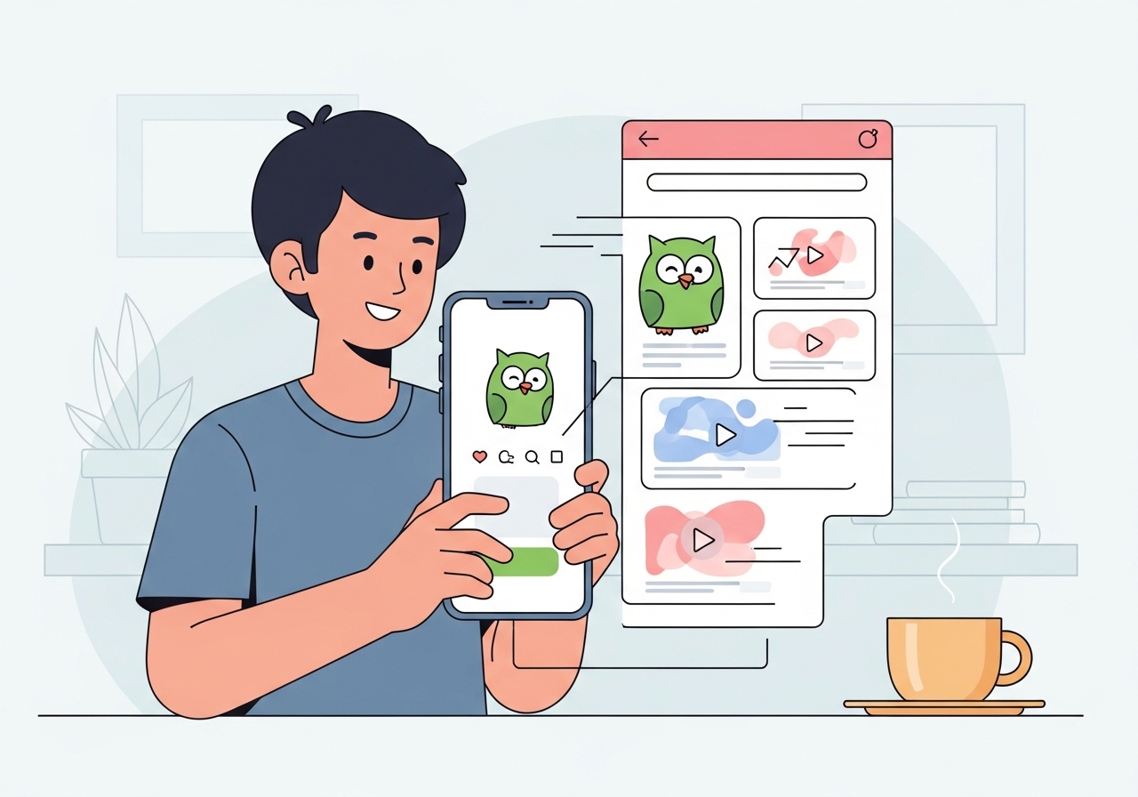 Vector art showing a user happily engaging with a humorous brand campaign on a smartphone.